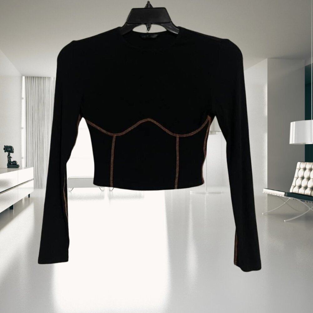 Shein Black Long Sleeve Crop Top w/ Orange Stitching | Size Small | Y2K Vibe